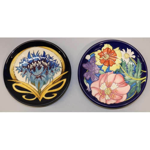 651 - Moorcroft Pottery: two designer signed limited edition pin dishes/coasters - 'Cornflower Cavalcade' ... 