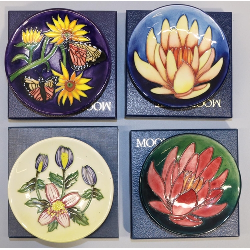 674 - Moorcroft Pottery: four MCC Moorcroft Collectors Club pin dishes/coasters - pink pond lily on green ... 