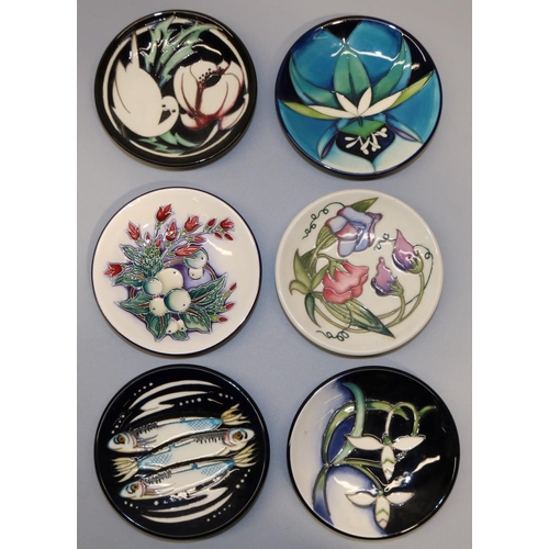 700 - Moorcroft Pottery: six pin dishes/coasters, designed by Nicola Slaney - 'Kiribati', 2009; 'Talwin', ... 