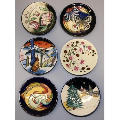 701 - Moorcroft Pottery: six pin dishes/coasters, designed by Sian Leeper - pink flowers on cream ground, ... 