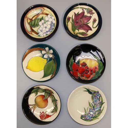 706 - Moorcroft Pottery: six pin dishes/coasters, designed by Vicky Lovatt - purple and blue flowers on cr... 