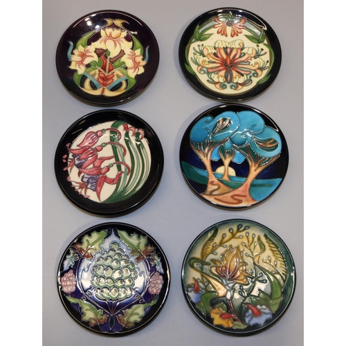 708 - Moorcroft Pottery: six pin dishes/coasters, designed by Rachel Bishop - 'Moonlight Sonata', 2008; 'P... 