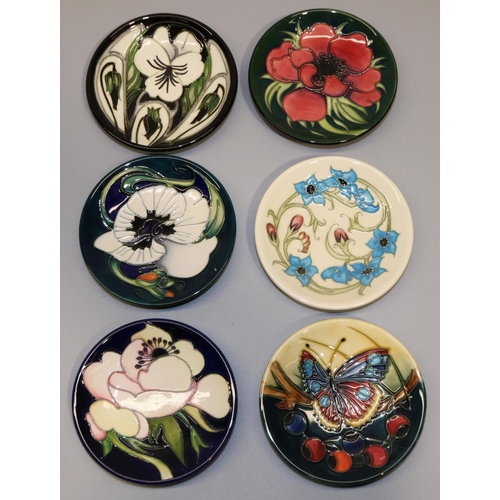 711 - Moorcroft Pottery: six pin dishes/coasters, designed by Emma Bossons - 'Anemone Blush', 2013; 'True ... 