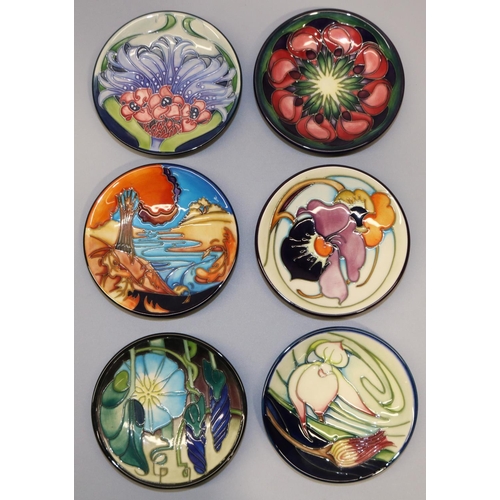 713 - Moorcroft Pottery: six pin dishes/coasters, designed by Emma Bossons - 'April Tulips', 2002; autumna... 