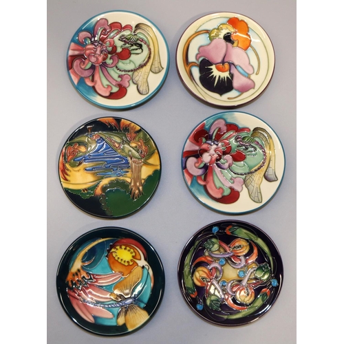 714 - Moorcroft Pottery: six pin dishes/coasters, designed by Emma Bossons - 2x 'Kingsmere Fen', 2007; 'Ce... 