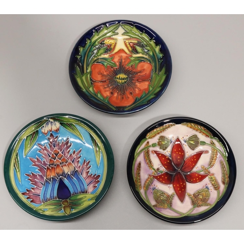 716 - Moorcroft Pottery: three pin dishes/coasters, designed by Shirley Hayes - 'Delonix', 2002; purple an... 