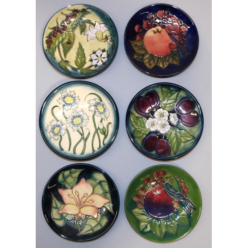 726 - Moorcroft Pottery: six pin dishes/coasters - plums with blossom, '99; white flowers on graduated cre... 