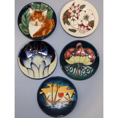 737 - Moorcroft Pottery: five pin dishes/coasters - 'Sunset Reeds', 1990; 'Indigo' by Emma Bossons, '99; g... 
