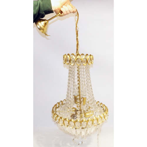 85 - C20th brass framed glass drop chandelier comprising 4 light bulbs and a C20th 5-branch ceiling light... 