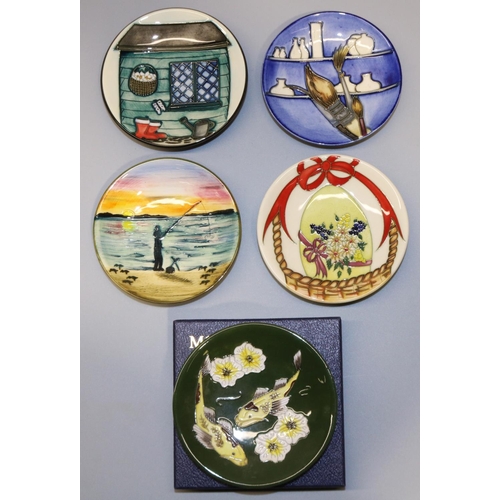 681 - Moorcroft Pottery: five MCC Moorcroft Collectors' Club pin dishes/coasters - 'Fishing' dated 2014; y... 