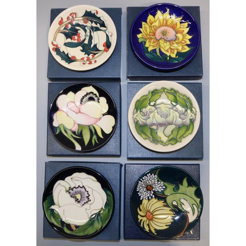 686 - Moorcroft Pottery: six trial pin dishes/coasters - dandelion design, dated '08; 'Blush' designed by ... 