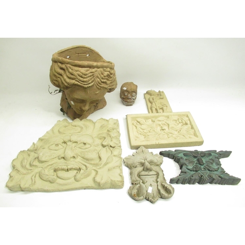 1246 - Collection of composite stone garden wall ornaments incl. four Green Man wall plaques (8)