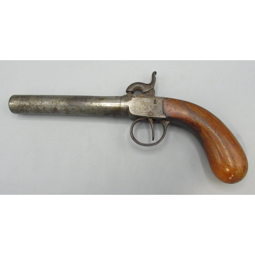 850 - C19th percussion cap pocket pistol, with mahogany grip, barrel L10cm, undistinguishable marks to und... 