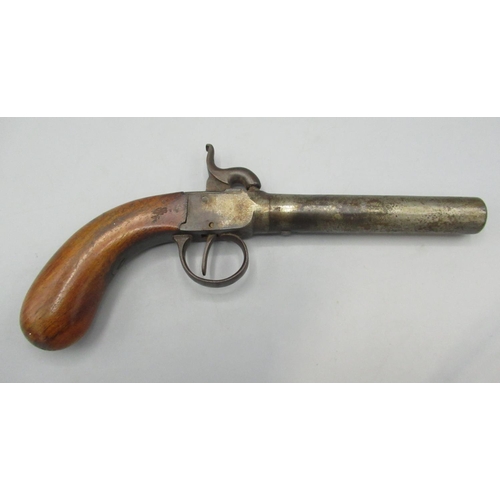 850 - C19th percussion cap pocket pistol, with mahogany grip, barrel L10cm, undistinguishable marks to und... 