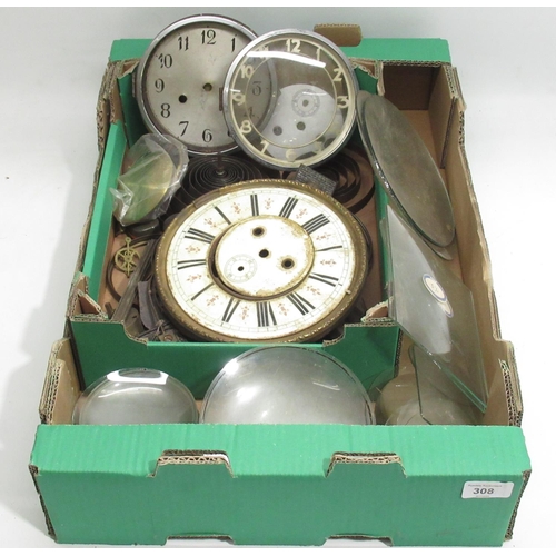 308 - C19th Vienna clock dial, mantel clock scroll gongs, main springs, convex and other clock glasses etc... 