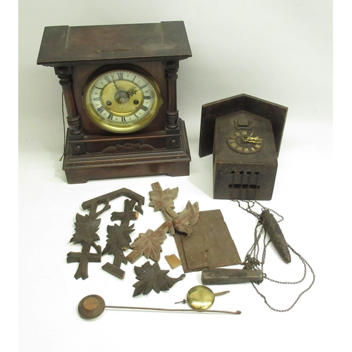 319 - H.A.C. early C20th walnut 14 day mantle alarm clock H31.5cm and a C20th Black Forest cuckoo clock (2... 