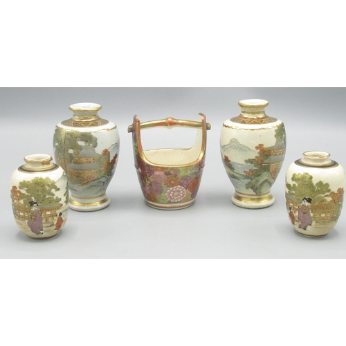 807 - Four Japanese Satsuma ware miniature vases and a Japanese miniature water bucket (5)