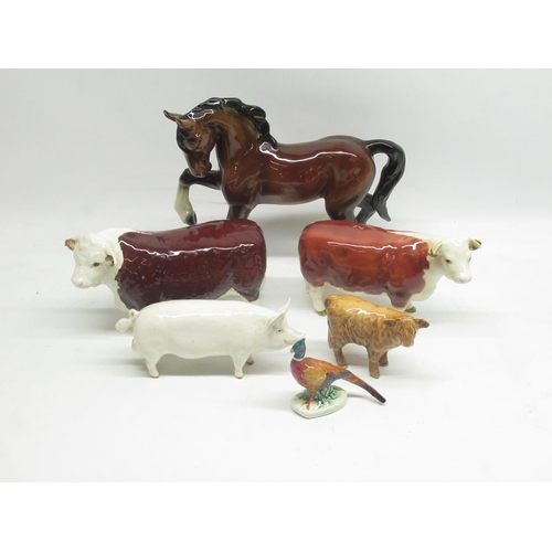 835 - Beswick 'CH Of Champions' bull, another bull, calf, CH Wall Boy53 pig, pheasant and a foreign maker ... 