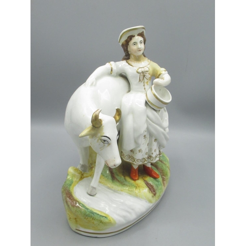 836 - Staffordshire figure of Milk Maid with cow, H24cm