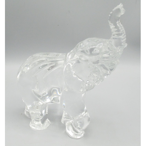 838 - Waterford Crystal - mantel clock, pair of candle sticks and a figure of an elephant (4)