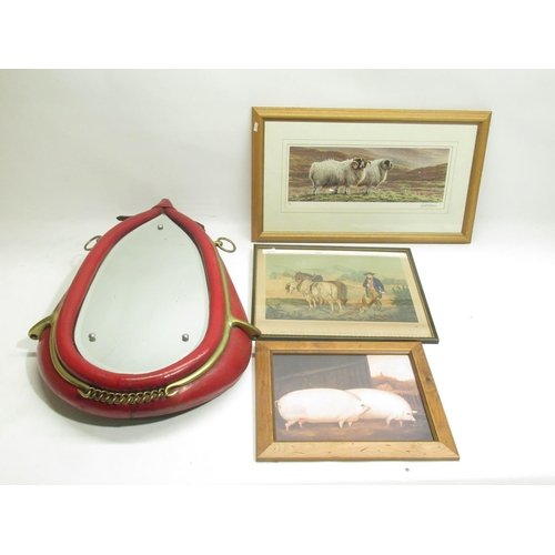 844 - Red leather and brass horse collar mirror H68cm, Andrew Hutchinson Signed Limited Edition Print 193/... 