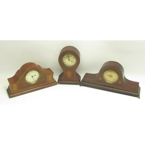 333 - Three early C20th inlaid mahogany mantle timepieces H25cm