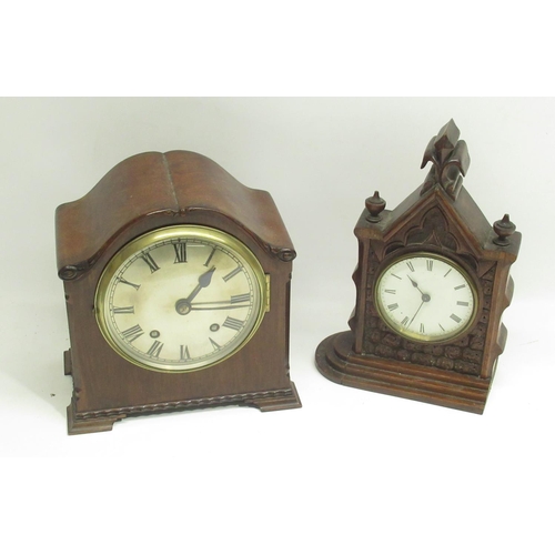 336 - Late C19th Gothic Revival oak mantel time piece with white enamel Roman dial H26cm and early C20th m... 