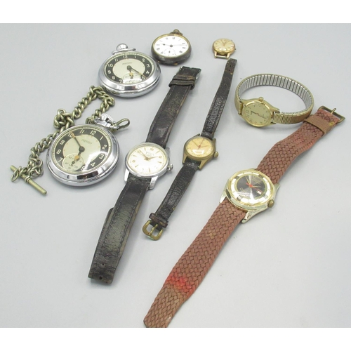 604 - Two Ingersoll Triumph chrome plated pocket watches, blued steel fob watch and five vintage wristwatc... 