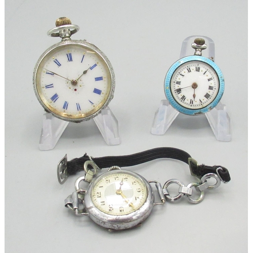 606 - Swiss silver fob watch with white porcelain dial case back hallmarked .935 no. 9801; a silver and en... 