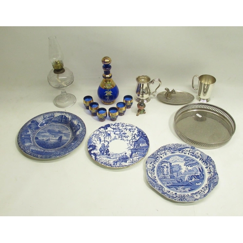 1279 - C20th Murano style Bristol Blue with gilt and enamel decoration decanter and 6 glasses, Beswick Chaf... 