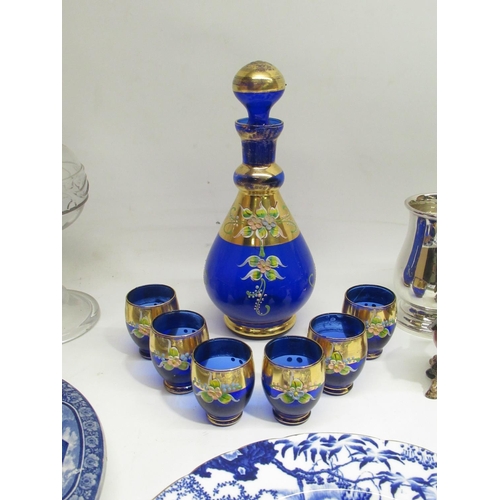 1279 - C20th Murano style Bristol Blue with gilt and enamel decoration decanter and 6 glasses, Beswick Chaf... 