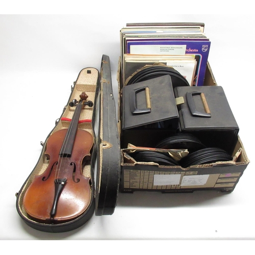 1291 - Unnamed cased violin with bow, and a collection of 45's, 78's and vinyl LPs predominantly Classical ... 