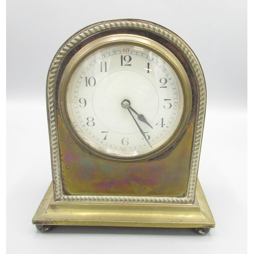 340 - French early C20th 8 day silver plated mantle timepiece, arched topped case with applied rope twist ... 