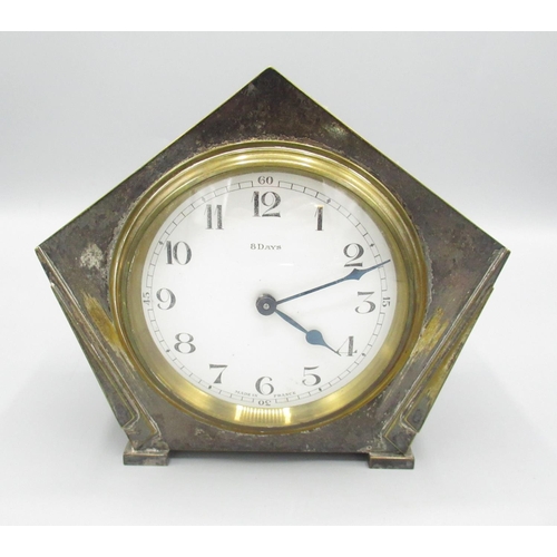 341 - French Art Deco period silver plated 8 day mantle timepiece, pentagonal shaped case with applied dec... 