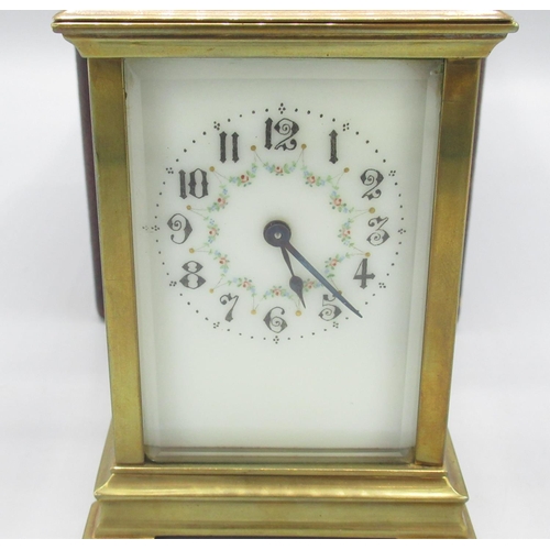 342 - French C20th brass 8 day carriage clock timepiece, cream enamel Arabic dial with floral decoration, ... 