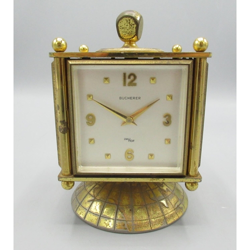 343 - Bucherer Imhof, mid C20th lacquered brass 8 day desk timepiece and weather station, the four sided c... 