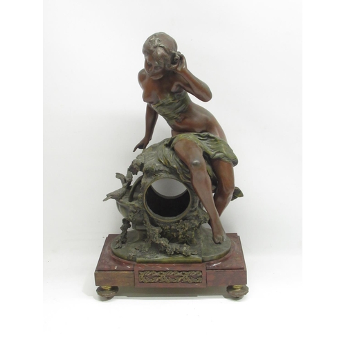348 - Late C19th French Art Nouveau erotic painted spelter and rouge marble mantle clock case, the figure ... 