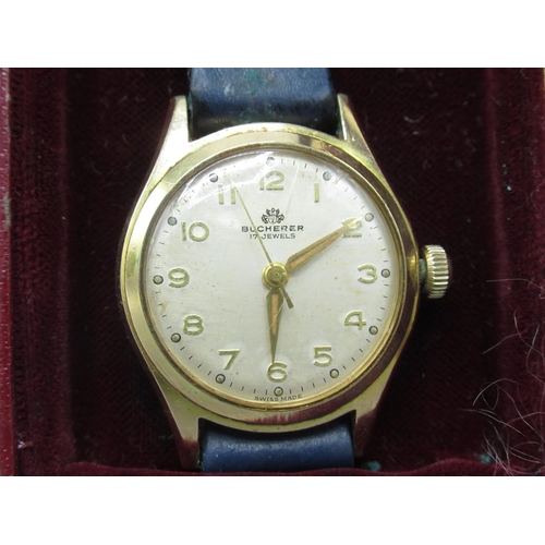 620 - Bucherer gold plated wristwatch, signed champagne Arabic dial with applied hour markers and centre s... 