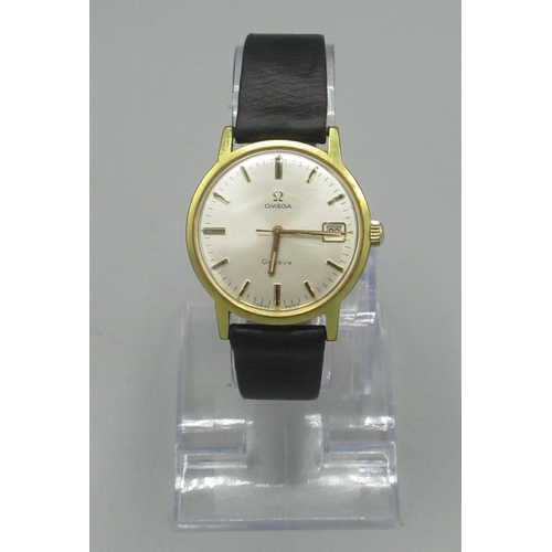 621 - Omega Geneve gold plated wristwatch with date, signed silvered dial with applied baton hours and cen...