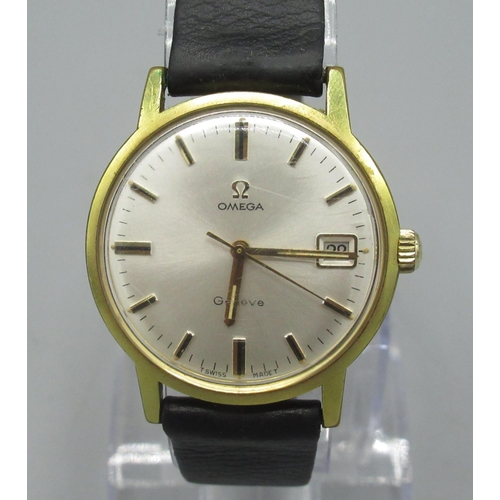 621 - Omega Geneve gold plated wristwatch with date, signed silvered dial with applied baton hours and cen... 
