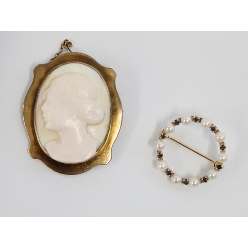 1201 - Pink shell carved cameo brooch mounted in 9ct gold frame together with a yellow metal round seed pea... 