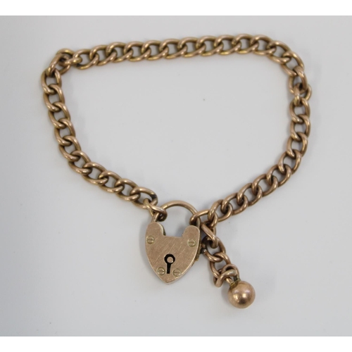 1202 - Yellow metal link bracelet with 9ct gold heart shape clasp, chain not marked, 5.2g