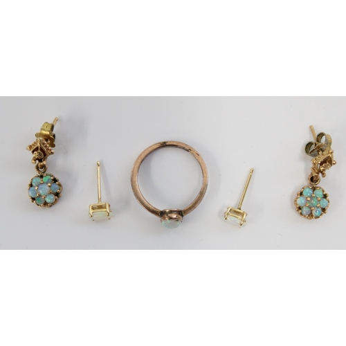 1205 - Yellow metal and cabochon opal ring with matching earrings together with a pair of yellow metal and ... 