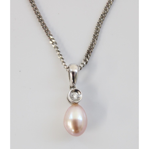 1206 - 18ct white gold necklace, the pendant formed of an egg shaped pearl below small diamond, 5.6g