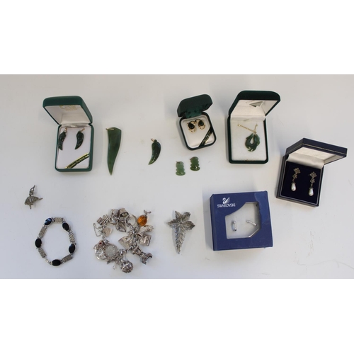 1214 - New Zealand Nephrite Jade jewellery pendants and earrings, silver and white metal charm bracelet, Sw... 