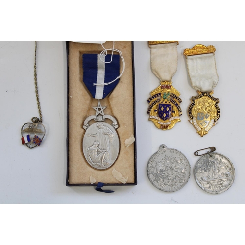 1216 - Three Masonic medals, 1919 WWI ending commemorative medal, 1911 Coronation medal and a silver and en... 