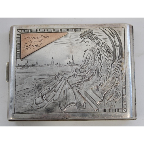 1218 - Early C20th Latvian sterling silver cigarette case, front engraved with Latvian coat of arms, revers... 