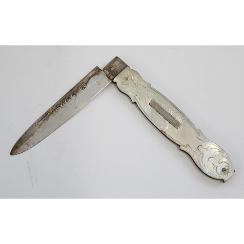 1221 - Victorian Mother of Pearl handled folding fruit knife with hallmarked silver blade, George Unite, Bi... 