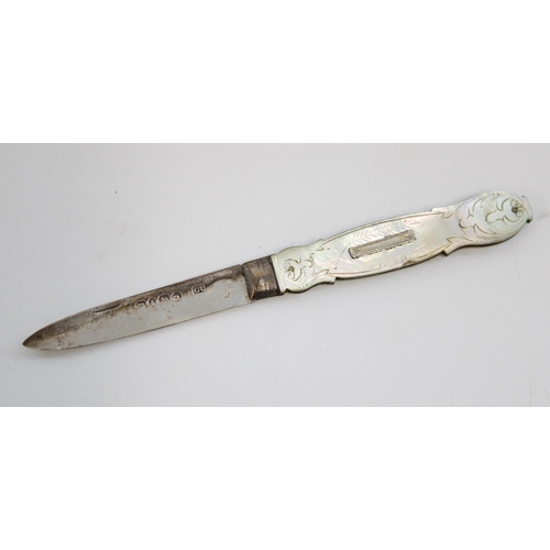 1221 - Victorian Mother of Pearl handled folding fruit knife with hallmarked silver blade, George Unite, Bi... 