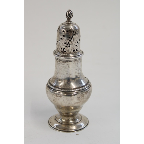 953 - Geo. III hallmarked silver baluster sugar sifter pierced dome cover with wrythen finial with rope tw... 